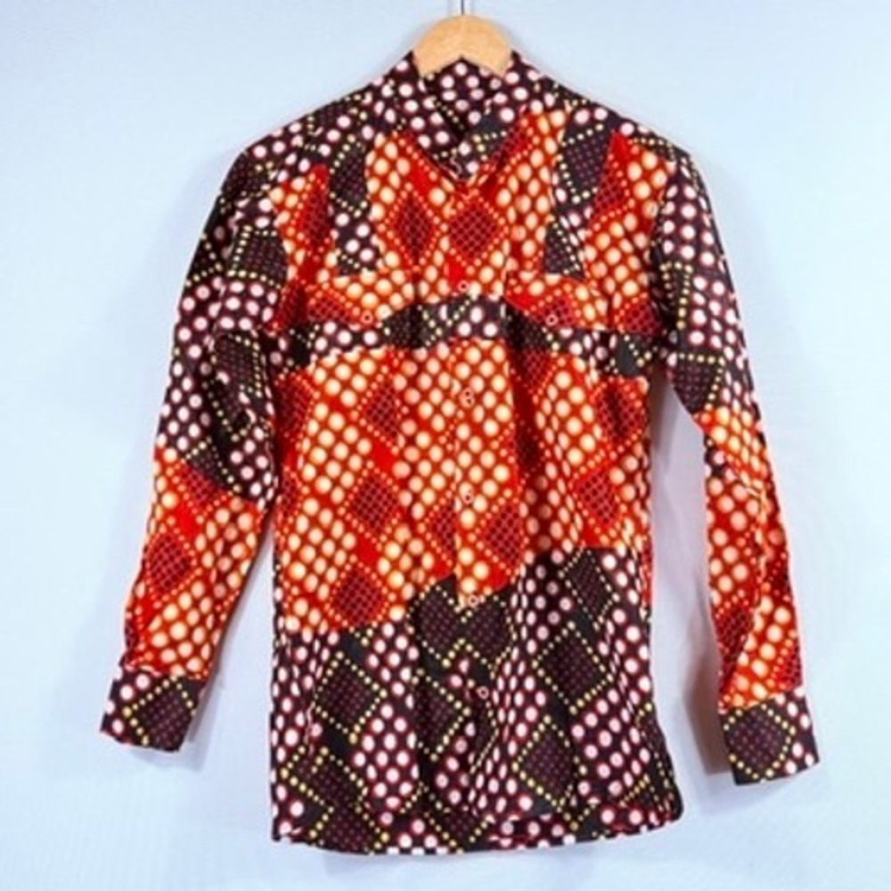 Unbranded Geometric Button Down Shirt Mens Small Red Orange Afrocentric Retro